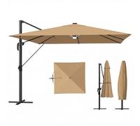 Outsunny 3 x 3 m Garden Cantilever Parasol with Solar Light, Cover, Aluminium Overhanging Umbrella with Wind Protection, 360° Rotation, 4-Position Tilt, Crank Handle, Banana Patio Umbrella, Khaki