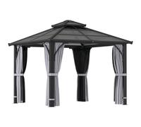 Outsunny 3 x 3(m) Hardtop Gazebo Canopy with Roof, Garden Gazebo Permanent Pavilion with Mosquito Netting and Curtains for Patio, Deck, Dark Grey