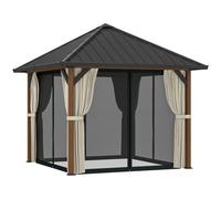 Outsunny 3 x 3(m) Hardtop Gazebo with Galvanised Steel Roof and Water Gutter, Waterproof Permanent Pavilion Garden Gazebo for Patio, Deck, Walnut