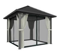 Outsunny 3 x 3(m) Hardtop Gazebo with Galvanised Steel Roof and Water Gutter, Waterproof Permanent Pavilion Garden Gazebo with Netting and Curtains for Patio, Deck, Black