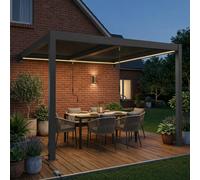 Outsunny 3 x 3 m Louvered Pergola with LED Lights, Metal Louvres, Dark Grey - 1 - Wall Mounted Louvered Pergola - Dark Grey