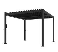 Outsunny 3 x 3 m Louvered Pergola with Solar LED lights, Metal Roof, Patio Gazebo Pergola Canopy with Drainage Gutters, Black