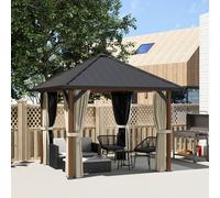 Outsunny 3 x 3(m) Metal Hardtop Gazebo w/ Netting and Curtains, Walnut, Brown