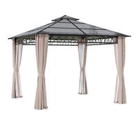 Outsunny 3 x 3 (m) Outdoor Polycarbonate Gazebo, Double Roof Hard Top Gazebo with Galvanized Steel Frame, Nettings & Curtains