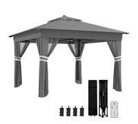 Outsunny 3 x 3(m) Pop Up Gazebo with Sides, 20 Solar-Powered LED Lights, Netting, Roller Bag, 4 Weight Bags, Marquee Party Tent, Height Adjustable Instant Event Shelter, Grey Grey