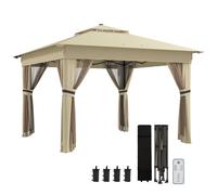 Outsunny 3 x 3(m) Pop Up Gazebo with Sides, 20 Solar-Powered LED Lights, Netting, Roller Bag, 4 Weight Bags, Marquee Party Tent, Height Adjustable Instant Event Shelter, Khaki Khaki