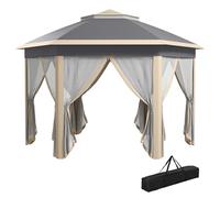Outsunny 3 x 4m Garden Gazebo Hexagon Pop Up Gazebo Party Tent Canopy Double Roof Instant Shelter with Netting and Carry Bag for Outdoor Patio, Khaki Khaki