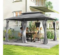 Outsunny 3 x 4m Garden Gazebo with Sides, Double Roof Metal Gazebo, Grey - Dark Grey - Metal, Polyester fabric - 397L x 297W x 265H cm