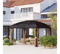 Outsunny 3 x 4m Hardtop Gazebo Canopy with Metal Roof, Aluminium Gazebo Permanent Pavilion with Netting and Curtains, Brown Brown
