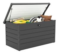 Outsunny 311L Garden Storage Box, Outdoor Storage Box Waterproof with Lockable Lid and Gas Rods, Galvanised Steel Deck Box Container for Tools, Cushions, Accessories, Dark Grey