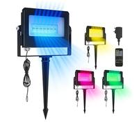 Outsunny 32W LED Floodlights, Linkable 4-Pack Landscape Lighting with Remote Control, RGB Colour Changing, Outdoor Flood Light with UK Plug, IP65 Waterproof for Garden Patio, Black