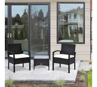 Outsunny 3pc Outdoor Rattan Bistro Set w/ Coffee Table and Cushioned Chair - Black, Black