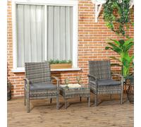 Outsunny 3 Pieces Rattan Bistro Set, Wicker Garden Furniture Set with Glass Top Coffee Table and Chairs, Washable Cushions for Outdoor, Patio, Balcony, Mixed Grey Grey