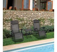 Outsunny 3PC Zero Gravity Chairs Sun Lounger Table Set w/ Cup Holders, Black - Dark Grey - Steel Frame, Breathable Mesh Fabric - 90cm x 65cm x 110cm