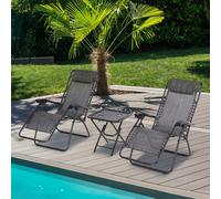 Outsunny 3PC Zero Gravity Chairs Sun Lounger Table Set w/ Cup Holders, Black - Light Grey - Steel Frame, Breathable Mesh Fabric - 90cm x 65cm x 110cm