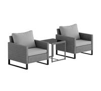 Outsunny 3PCS Rattan Bistro Set Glass Top Table and Chairs with 4 Cushions - Light Grey - Steel, PE Rattan - 75H x 68W x 66D cm