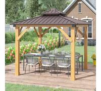 Outsunny 3x(3)M Double-Tier Hardtop Gazebo, Outdoor Patio Shelter, Brown - Brown - Galvanised Steel, Fir Wood - 300cm x 300cm x 300cm