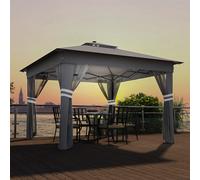 Outsunny 3x3(m) Pop Up Gazebo w/ Solar-Powered LED Lights Netting Grey - Grey - Steel, Oxford Cloth - 336L x 336W x 270Hcm