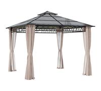 Outsunny 3 x 3 (m) Outdoor Polycarbonate Gazebo, Double Roof Hard Top Gazebo with Galvanized Steel Frame, Nettings & Curtains