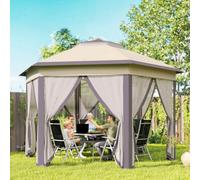 Outsunny 4x4m Hexagonal Pop-Up Garden Gazebo, Instant Setup Patio Shelter with Double-Tier Roof & Mosquito Netting, Beige Aosom UK