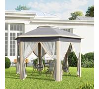 Outsunny 3x4m Hexagon Gazebo w/ Metal Frame Mesh Curtains Outdoor Garden, Khaki, Khaki