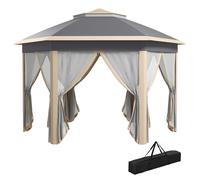 Outsunny 3x4m Hexagon Gazebo w/ Metal Frame Mesh Curtains Outdoor Garden, Khaki, Khaki