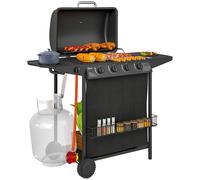 Outsunny 4+1 Burner Gas BBQ Grill, Portable Gas Barbecue Grill with Built-in Thermometer, Lid, Side Table, Shelf, Spice Rack, Wheels, Grease Cup for Garden Party Outdoor Cooking, Black Black