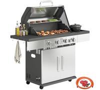 Outsunny 4+1 Burner Gas BBQ Grill, Portable Gas Barbecue Grill with Side Burner, Warming Rack, Side Shelf, Storage Cabinet, Thermometer, 4 Wheels, Tank Holder for Garden Party Outdoor Cooking
