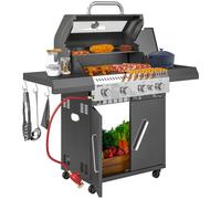 Outsunny 4+1 Burner Gas BBQ Grill with Clear View Lid, Portable Gas Barbecue Grill with Built-in Thermometer, Side Table, Cabinet, Wheels, Grease Tray for Garden Party Outdoor Cooking, Black