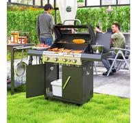Outsunny 4+1 Burner Gas BBQ Grill with Clear View Lid, Portable Gas Barbecue Grill with Built-in Thermometer, Side Table, Cabinet, Wheels, Grease Tray for Garden Party Outdoor Cooking, Black