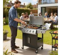 Outsunny 4+1 Burner Gas BBQ Grill with Side Burner, 50000 BTU Steel Portable Gas Barbecue Grill with Built-in Thermometer, Lid, Side Table, Shelf, Cabinet, Spice Rack, Wheels for Garden Party Cooking