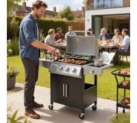 Outsunny 4+1 Burner Gas BBQ Grill with Side Burner, 50000 BTU Steel Portable Gas Barbecue Grill with Built-in Thermometer, Lid, Side Table, Shelf, Cabinet, Spice Rack, Wheels for Garden Party Cooking