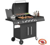 Outsunny 4+1 Burner Gas BBQ Grill with Storage Cabinet, 15.2 kW Gas Barbecue Trolley with Side Table, 4 Wheels, Warming Rack, Thermometer, Lid, Grease Tray for Outdoor Cooking Garden Party, Black