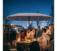 Outsunny 4.4m Double-Sided Sun Umbrella Garden Parasol Patio Sun Shade Outdoor with LED Solar Light, NO BASE INCLUDED, Khaki - Dark Grey - 2.56m x 4.4m x 2.4m