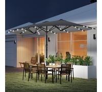 Outsunny 4.4m Double-Sided Sun Umbrella Garden Parasol Patio Sun Shade Outdoor with LED Solar Light, NO BASE INCLUDED, Dark Grey
