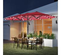 Outsunny 4.4m Double-Sided Sun Umbrella Garden Parasol Patio Sun Shade Outdoor with LED Solar Light, NO BASE INCLUDED, Khaki - Wine Red - 2.56m x 4.4m x 2.4m