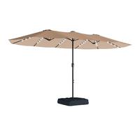 Outsunny 4.5m Garden Parasol Double Sided Umbrella with Base and Sandbags, 60 Solar Powered LED Lights, Patio Umbrella with Crank Handle, Ribs, Water Repellent, Khaki