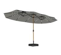 Outsunny 4.6m Garden Parasol Double Sided Umbrella with Base Included, 48 Solar LED Lights Patio Umbrella with Cover, Crank Handle, 12 Ribs, UV Protection, Light Grey