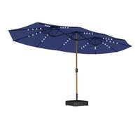 Outsunny 4.6m Garden Parasol Double Sided Umbrella with Base Included, 48 Solar LED Lights Patio Umbrella with Cover, Crank Handle, 12 Ribs, UV Protection, Dark Blue
