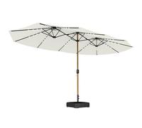 Outsunny 4.6m Garden Parasol Double Sided Umbrella with Base Included, 48 Solar LED Lights Patio Umbrella with Cover, Crank Handle, 12 Ribs, UV Protection, Cream White