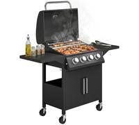 Outsunny 4 Burner Gas BBQ, Outdoor Grill, 8.7 kW Portable Barbecue Trolley with Warming Rack, Side Shelves, Storage Cabinet, Thermometer, Carbon Steel, Black