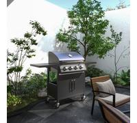 OUTSUNNY Outdoor Gas Grill BBQ Trolley w/ Warming Rack, Side Shelf, Carbon Steel in Black Outsunny Black