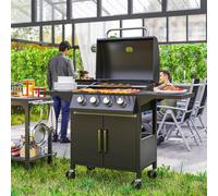 Outsunny 3 Burner Gas Grill Portable BBQ Trolley w/ 4 Wheels and Side Shelves - Black - Carbon Steel - 132cm x 60cm x 109cm