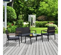 OUTSUNNY 4 Pcs PE Rattan Furniture Set w/ 3 Cushioned Chairs Glass Tabletop Table, Black Outsunny Black