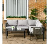 Outsunny 4 Piece Garden Furniture Set Metal Sofa Set w/ Tempered Glass Coffee Table, Conversational Corner Sofa Loveseat w/Padded Cushions Light Grey