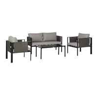 Outsunny 4 Piece Metal Garden Furniture Set with Tempered Glass Coffee Table, Texteline Pocket, Outdoor Set Loveseat Single Armchairs with Padded Cushions, Light Grey