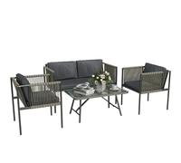 Outsunny 4 Piece Rattan Garden Furniture Set, 4 Seater Wicker Outdoor Furniture Set with 2 Armchairs, Loveseat, Glass Top Coffee Table and Cushions for Balcony, Porch, Grey Grey