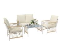 Outsunny 4 Piece Rattan Garden Furniture Set, 4 Seater Wicker Patio Conversation Set with 2 Armchairs, Loveseat, Glass Top Coffee Table and Cushions for Outdoor, Balcony, Khaki Khaki
