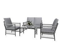 Outsunny 4 Piece Rattan Garden Furniture Set, 4 Seater Wicker Patio Conversation Set with 2 Armchairs, Loveseat, Glass Top Coffee Table and Cushions for Outdoor, Balcony, Grey Grey