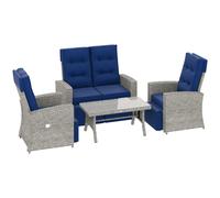 Outsunny 4 Piece Rattan Garden Furniture Set Outdoor Sofa Sectional Set with Glass Top Table for Poolside, Navy Blue